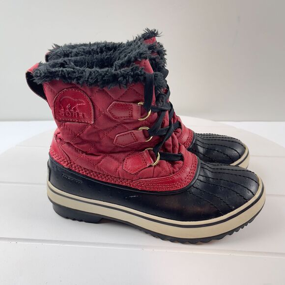 Sorel Tivoli Red Wmns Sz 6 Diamond Quilted Faux Fur Lined Snow Boots Waterproof - Picture 1 of 8